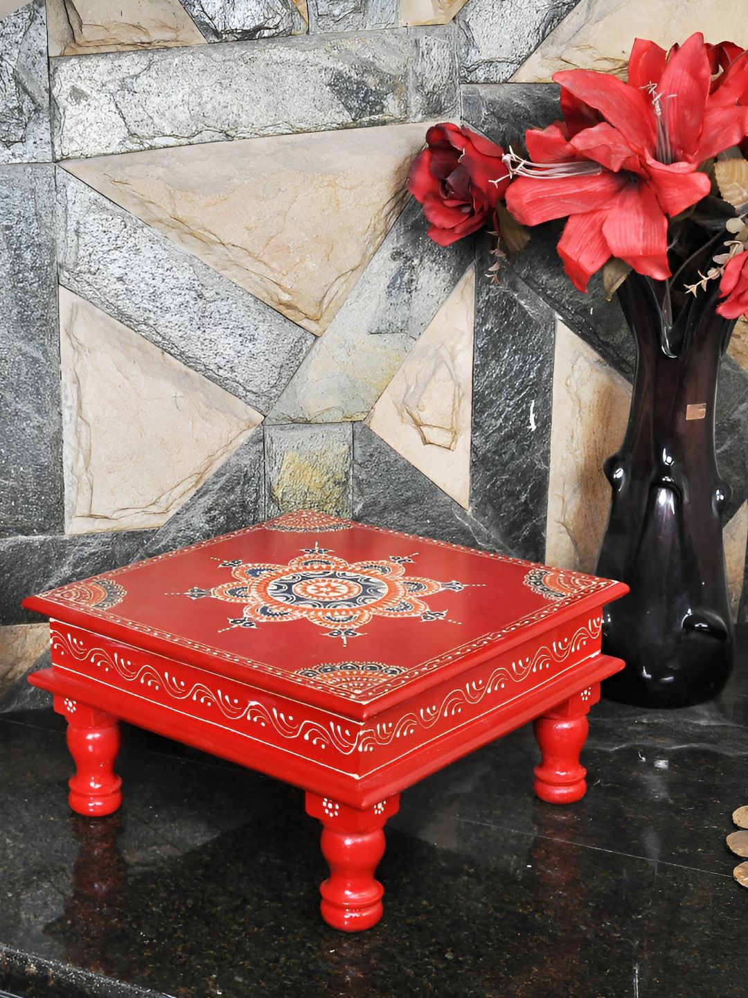 Lal Haveli Red Self design Textured Wooden Chowki-picture-11