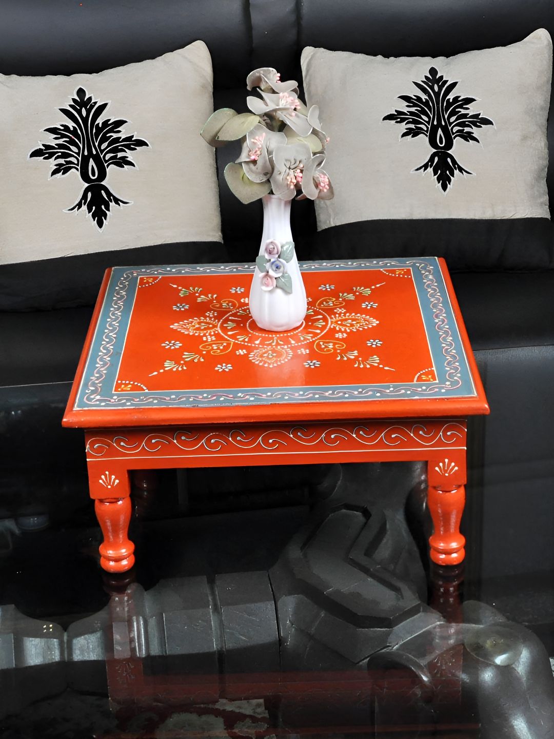 Lal Haveli Orange & Blue Self design Textured Wooden Chowki-picture-14