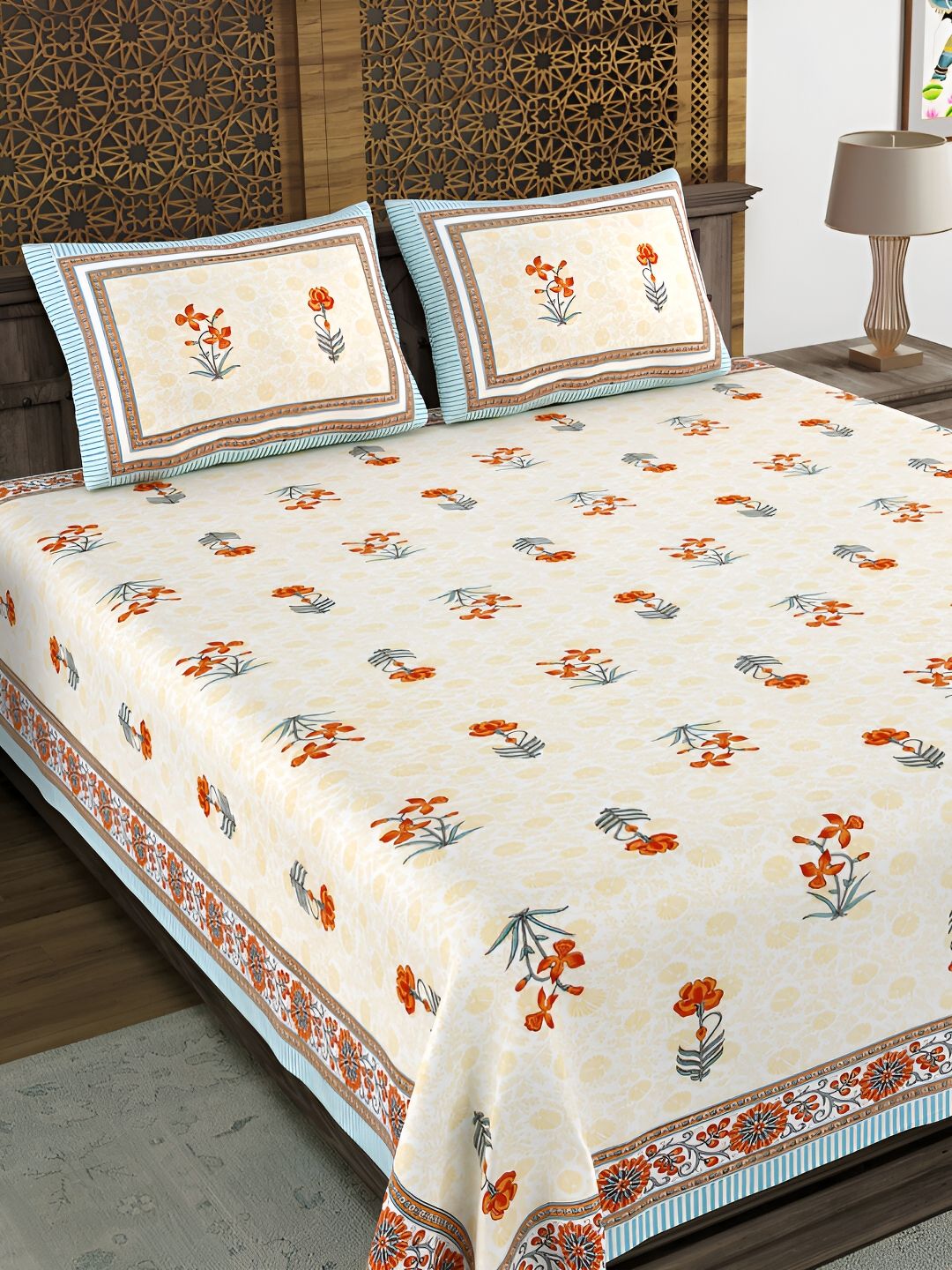 Sangria White & Yellow Floral 180 TC Pure Cotton Double King Bedsheet & 2 Pillow Cover-image-17