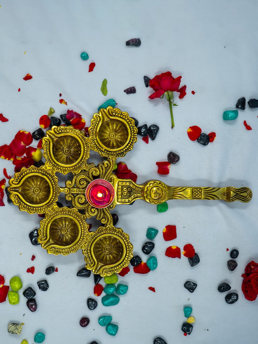 PujaNPujari Gold Toned Brass Pancha Aarti Diya-picture-25