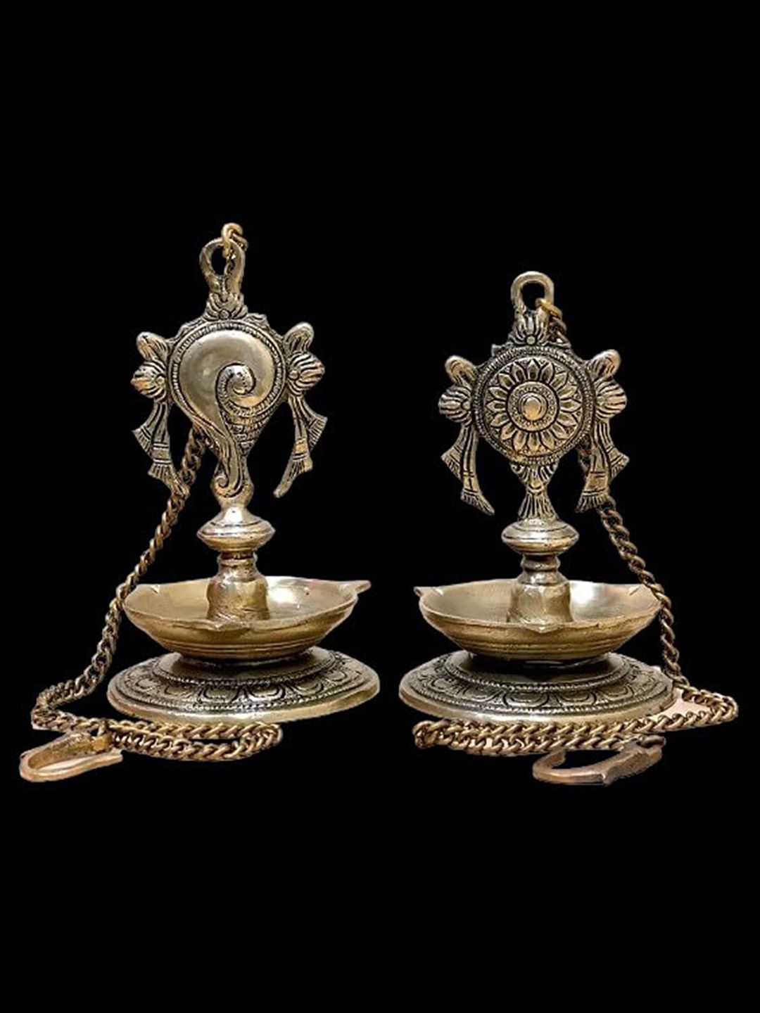 PujaNPujari Gold Toned 2 Pcs Shankh Chakra Brass Hanging Diyas-picture-29