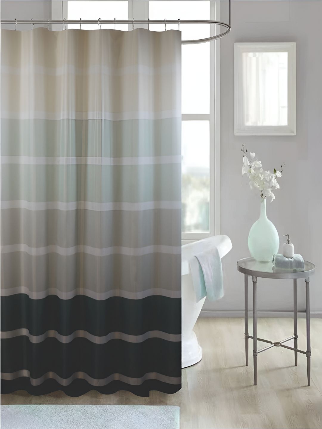 homewards Beige & Green 13 Pieces Striped Waterproof Shower Curtains With Hooks-picture-44