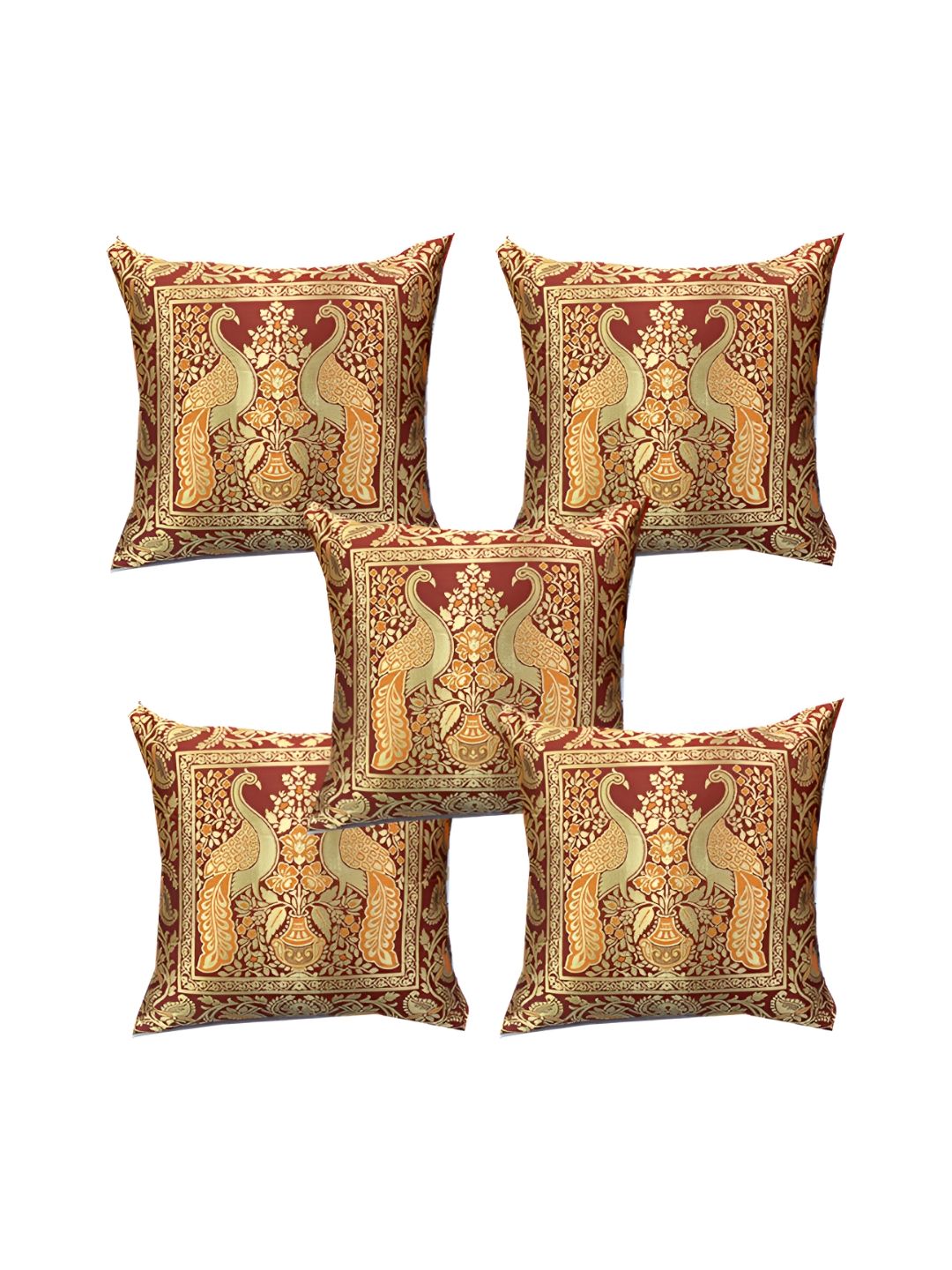 Pink Parrot Yellow & Red 5 Pieces Ethnic Motifs Square Cushion Covers-picture-18