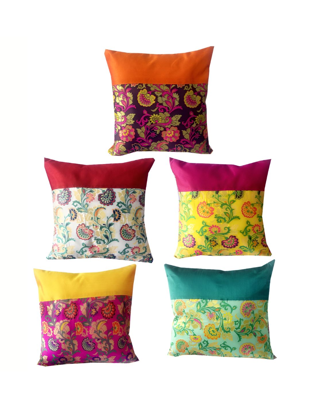 Pink Parrot Yellow & White 5 Pieces Floral Square Cushion Covers-image-33