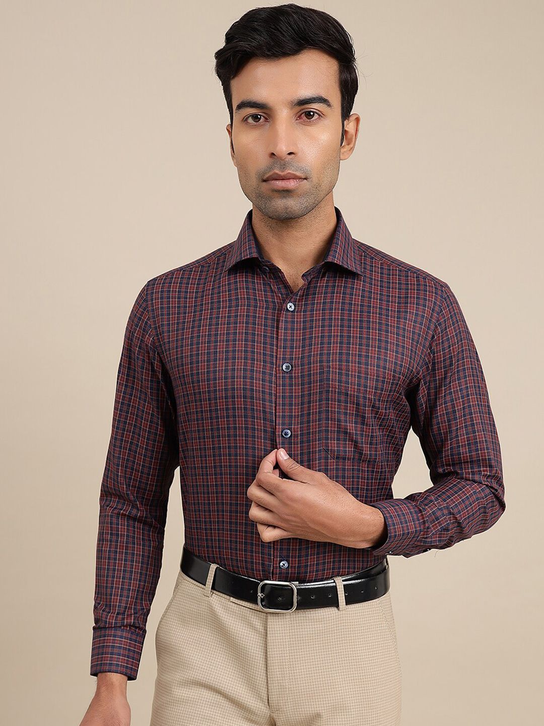 Greenfibre Slim Fit Tartan Checks Opaque Checked Cotton Formal Shirt-image-6