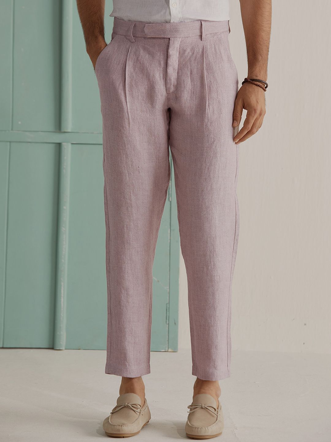 Andamen Men Striped Ultra Easy Wash Linen Pleated Trousers-image-7
