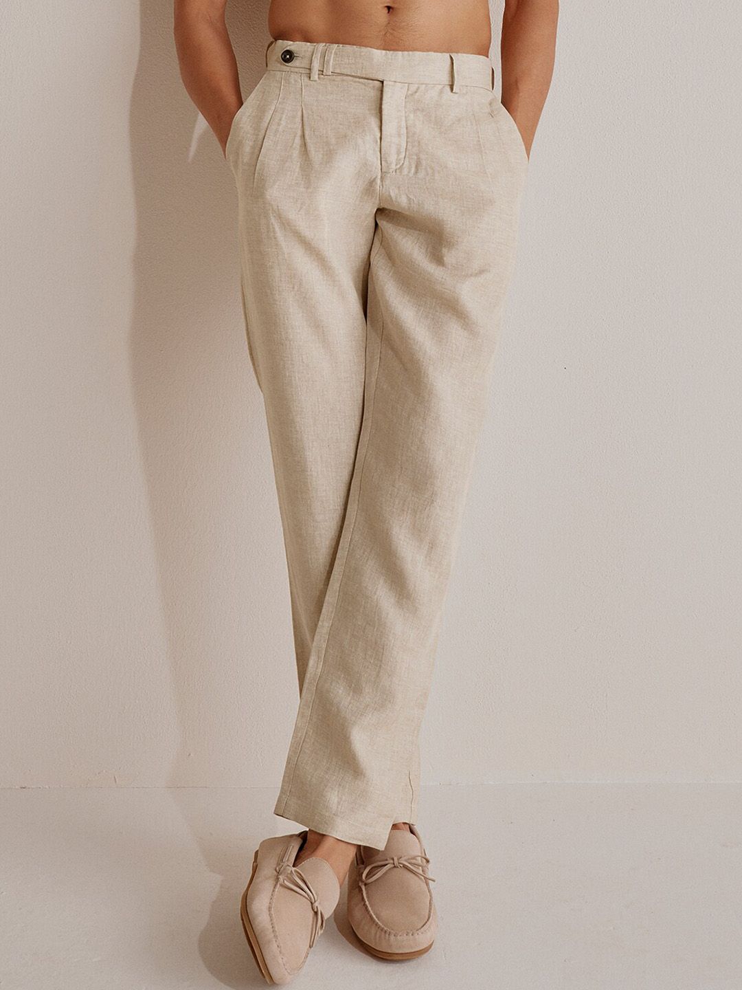 Andamen Men Textured Mid-Rise Linen Ultra Easy Wash Trousers-picture-25