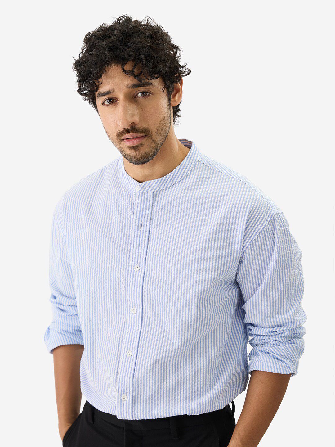 The Souled Store Blue Vertical Striped Band Collar Pure Cotton Casual Shirt