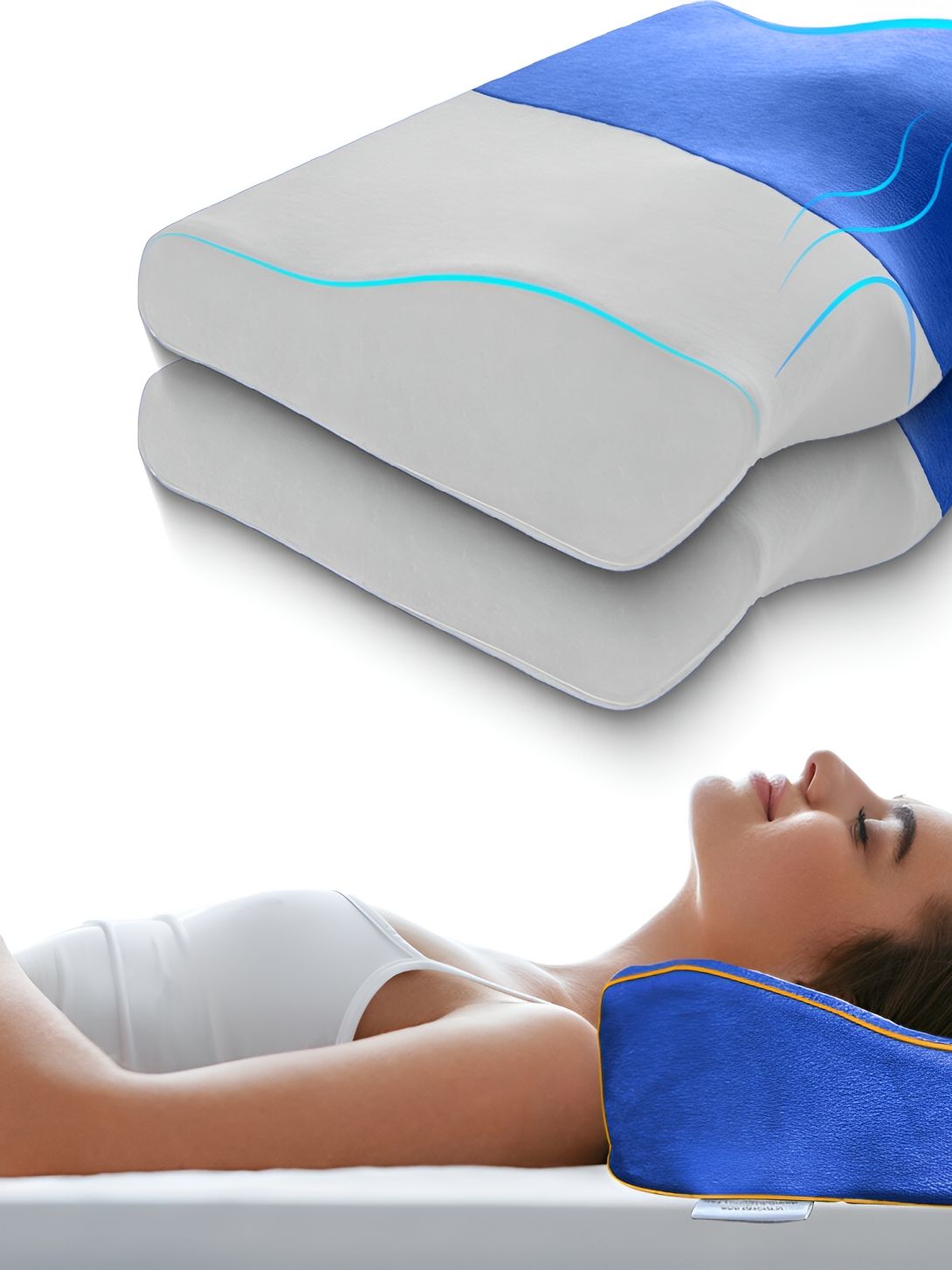 Sleepsia White & Blue 2 Pieces Velvet Contour Sleep Pillows-picture-51
