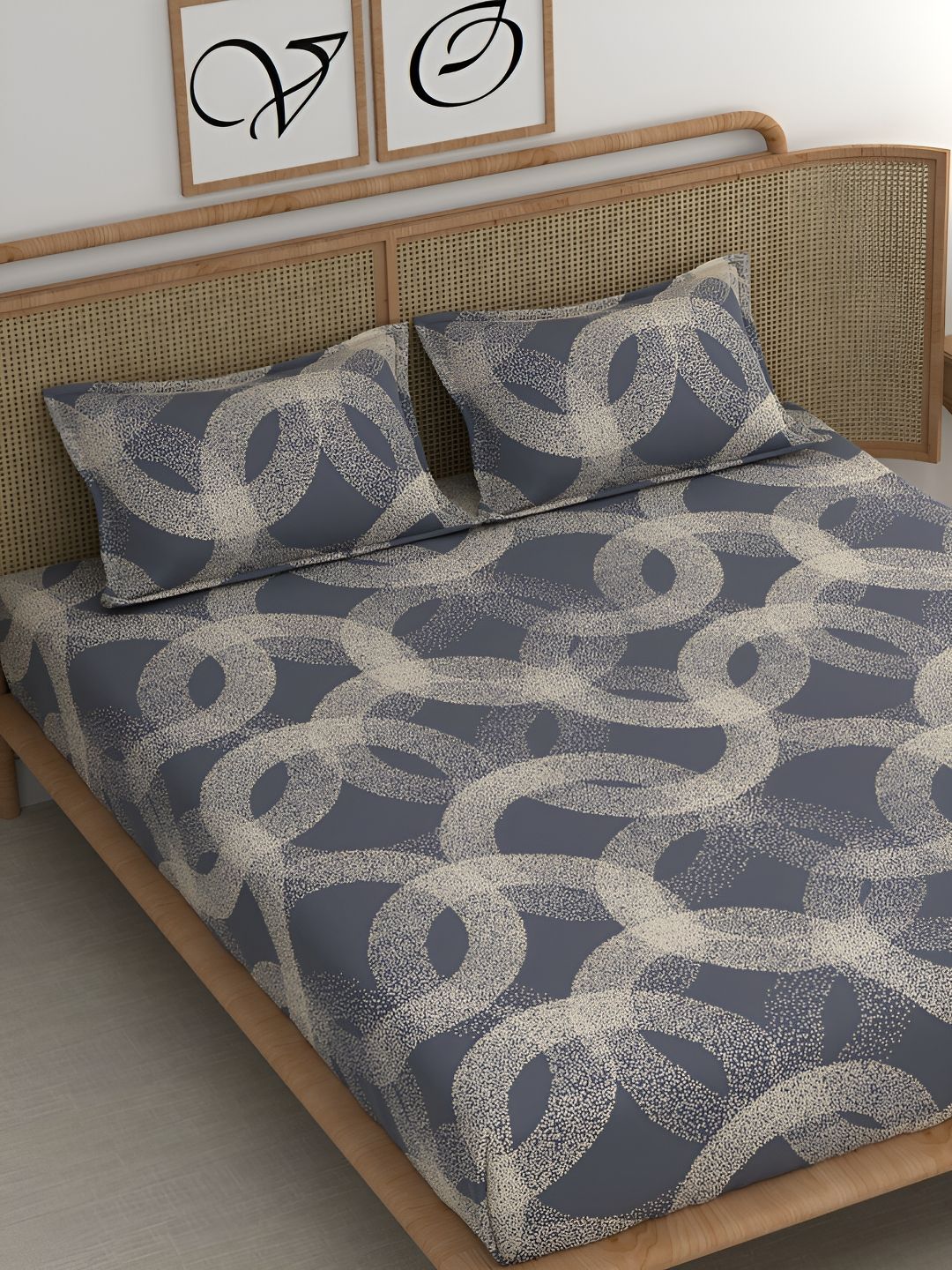 CHHAVI INDIA Blue & Beige Geometric Microfiber 210 TC King Bedsheet With 2 Pillow Covers-image-30