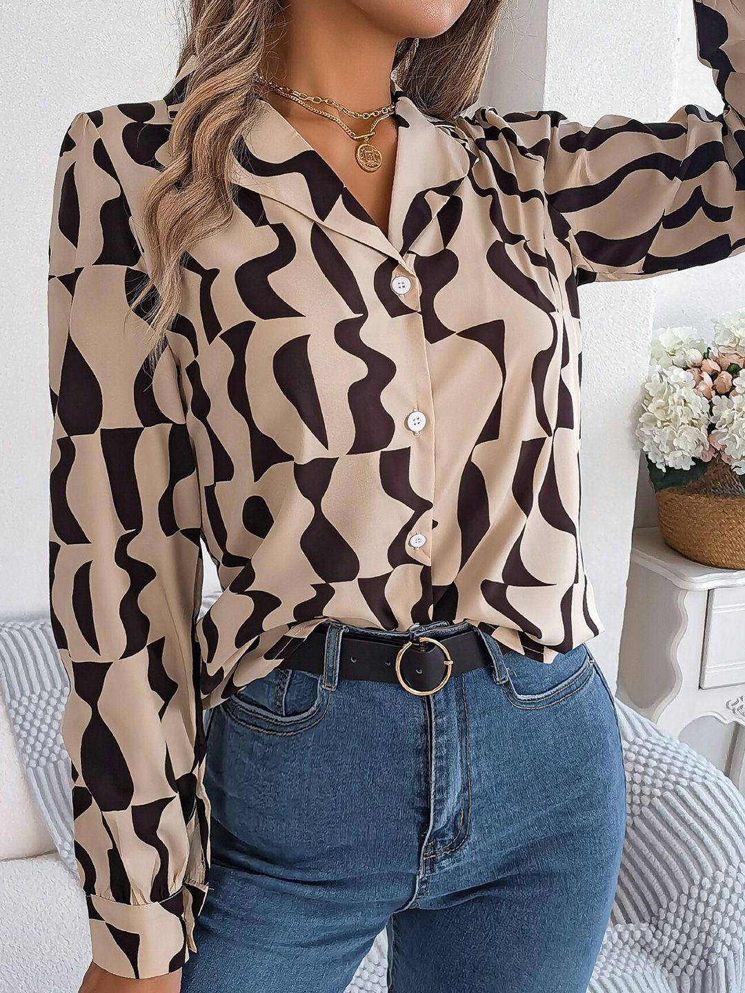 StyleCast Beige Abstract Printed Casual Shirt