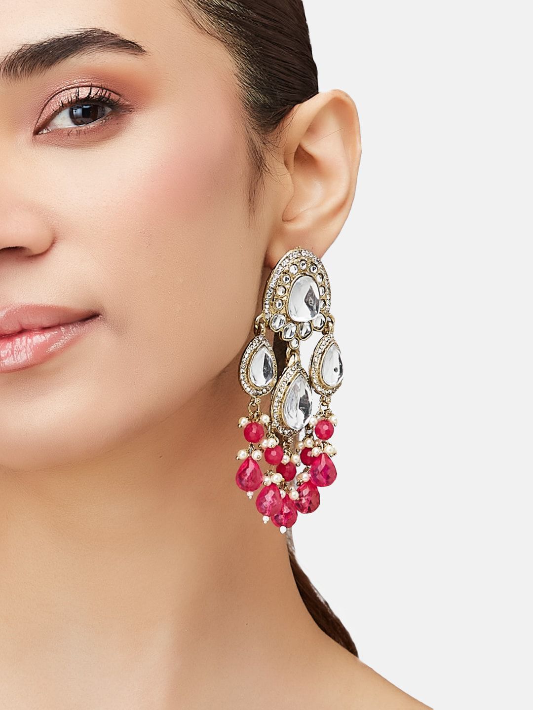 ATIBELLE Gold-Plated Kundan-Studded Brass Contemporary Drop Earrings