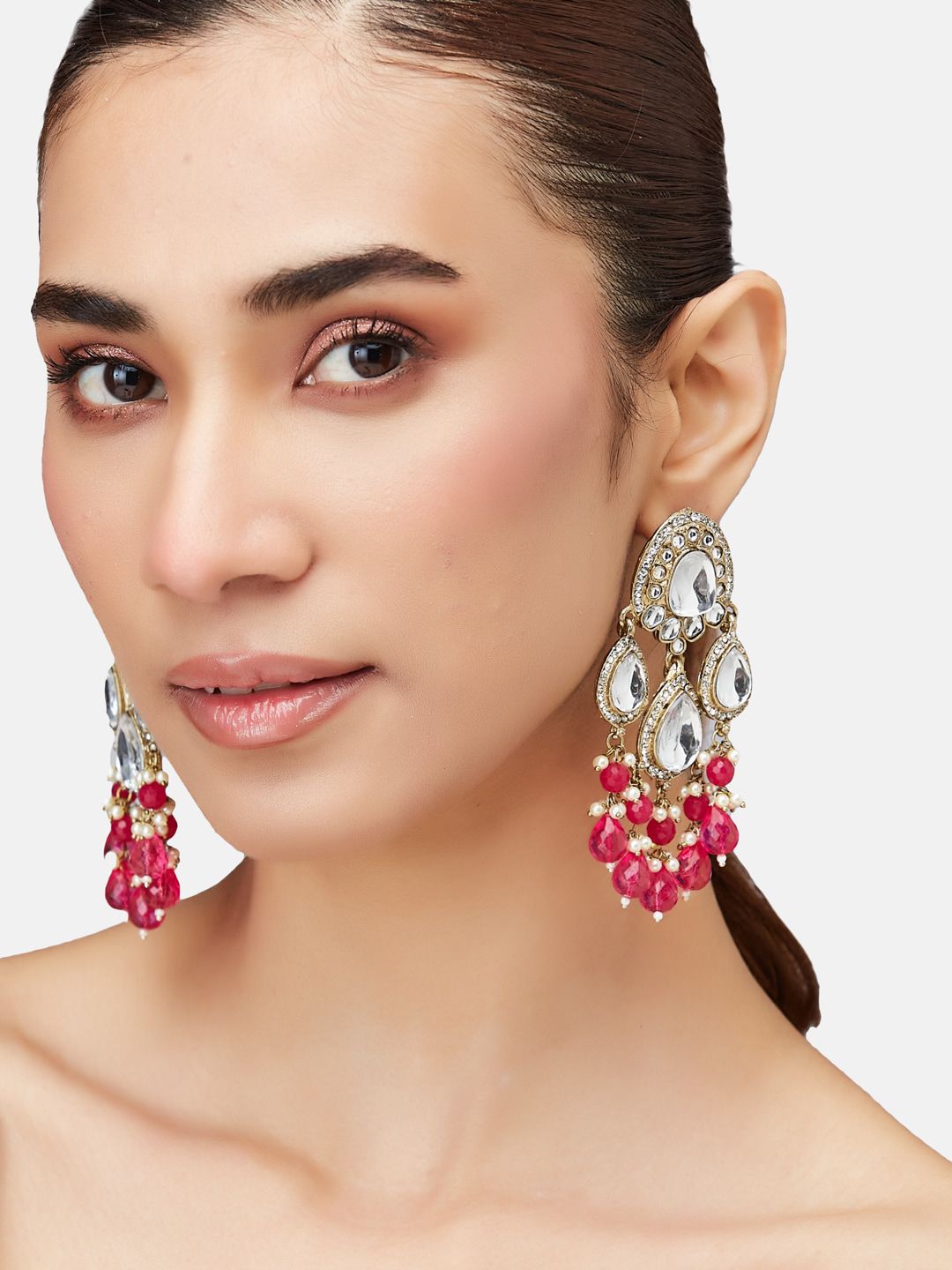 ATIBELLE Gold-Plated Kundan-Studded Brass Contemporary Drop Earrings