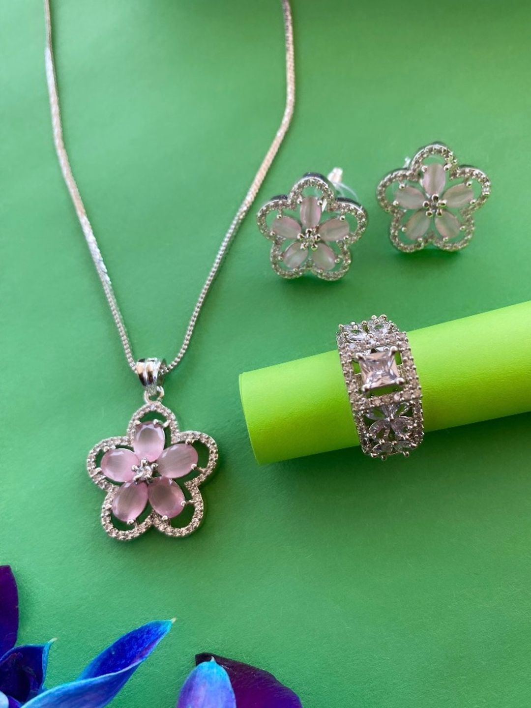 ATIBELLE Silver Plated CZ Studded Jewellery Set