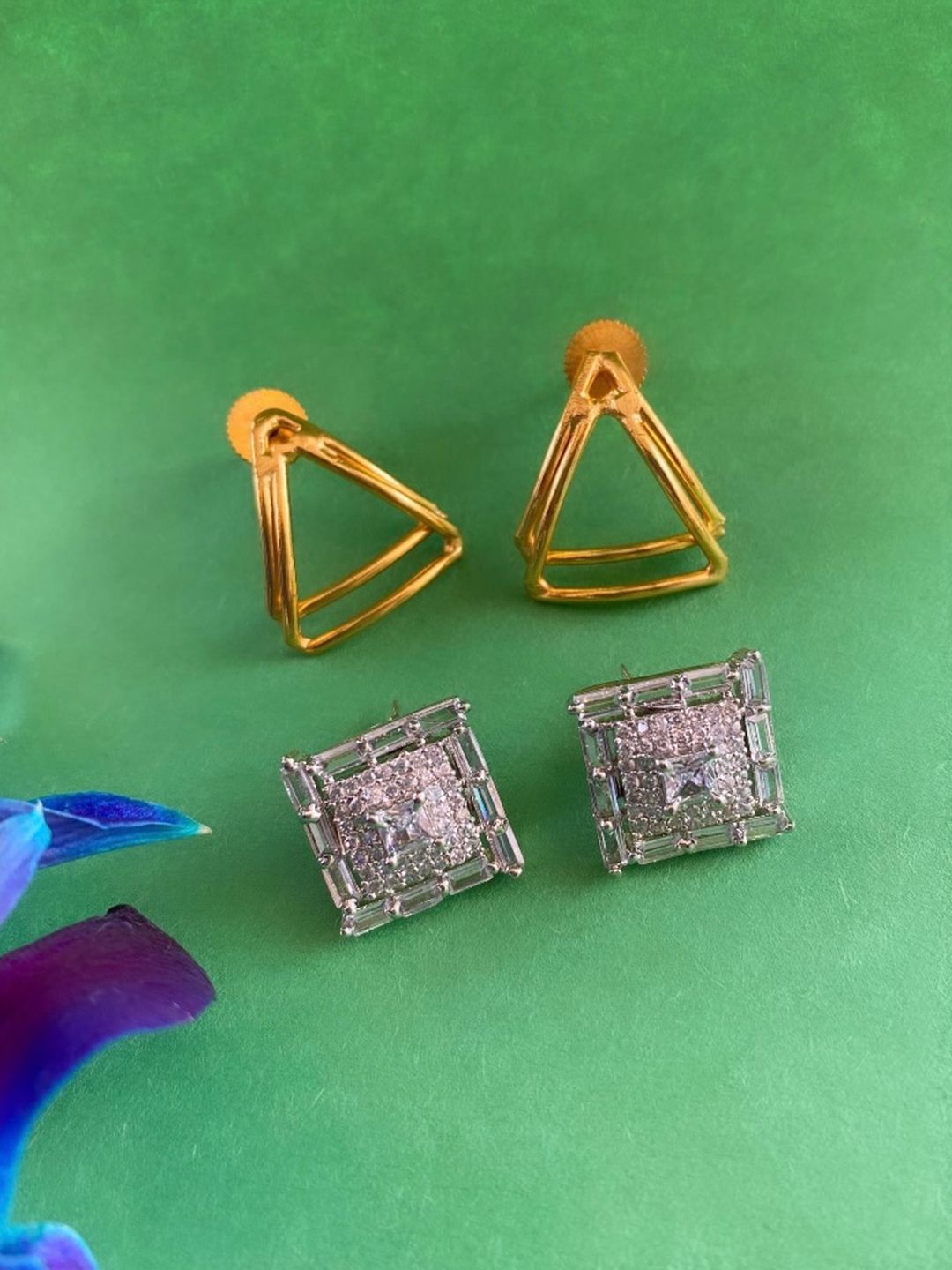 ATIBELLE Set Of 2 Gold-Plated Cubic Zirconia Geometric Shaped Stud Earrings