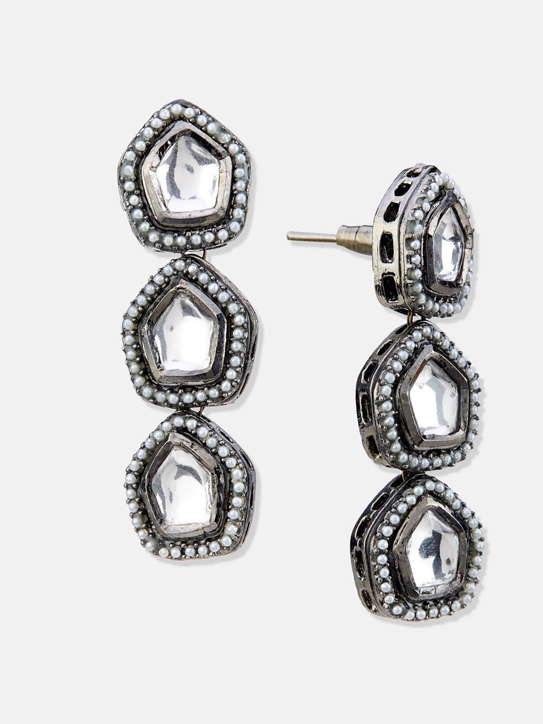 ATIBELLE Set of 2 Gold-Silver Plated Kundan-Studded Brass Contemporary Drop Earrings
