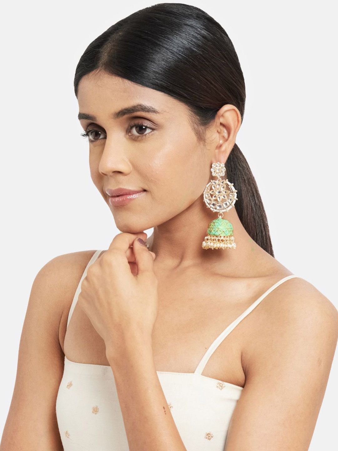 ATIBELLE Set of 2 Gold-Plated Kundan-Studded Brass Contemporary Drop Earrings