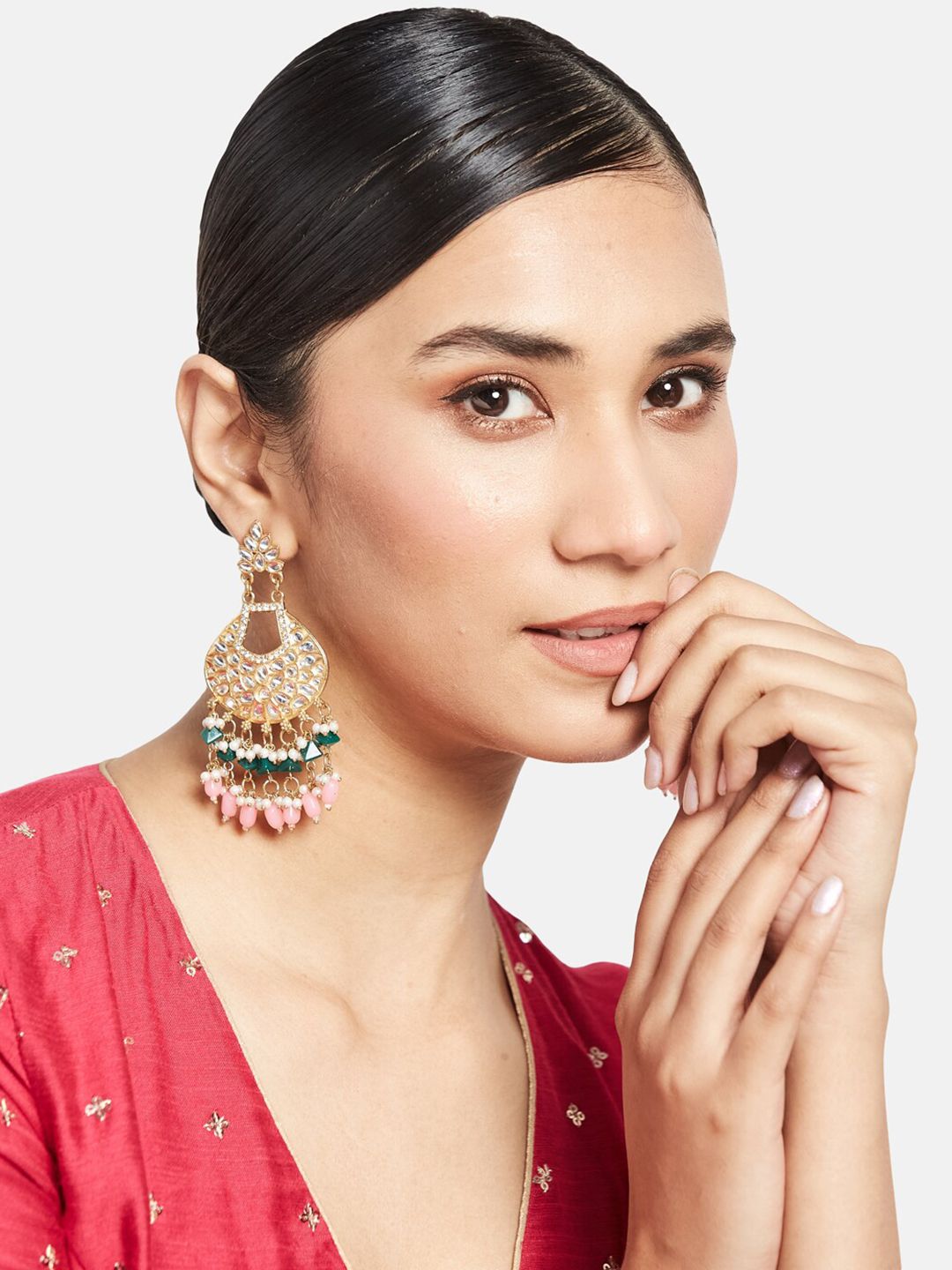 ATIBELLE Set of 2 Gold-Plated Kundan-Studded Brass Contemporary Drop Earrings