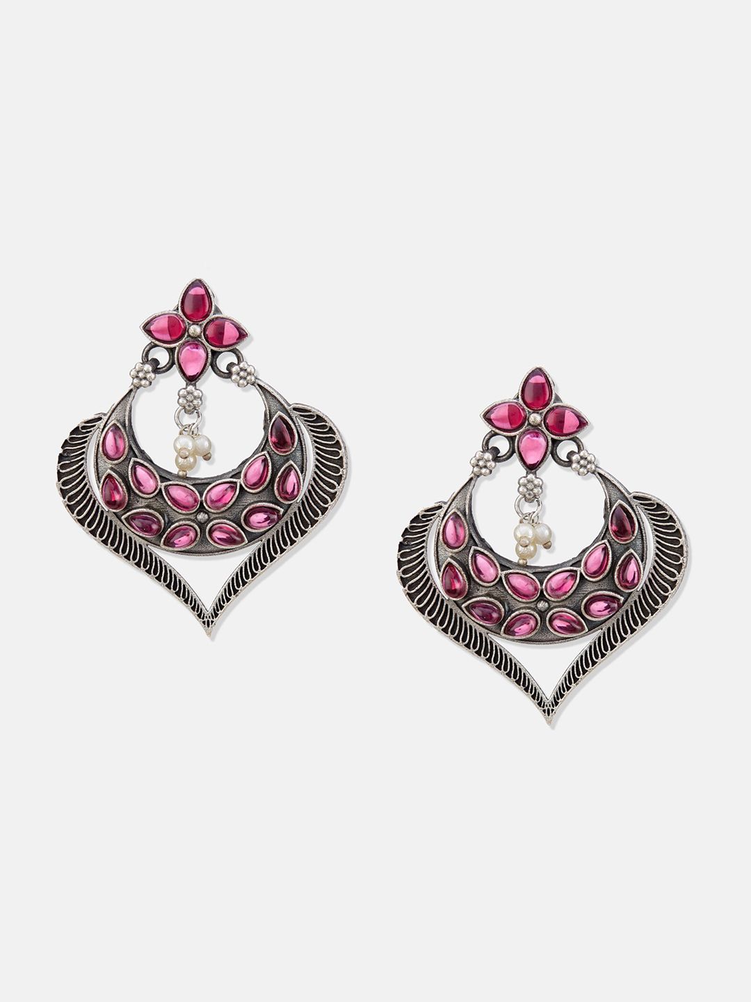 ATIBELLE Set of 2 Silver-Plated Kundan-Studded Brass Contemporary Drop Earrings