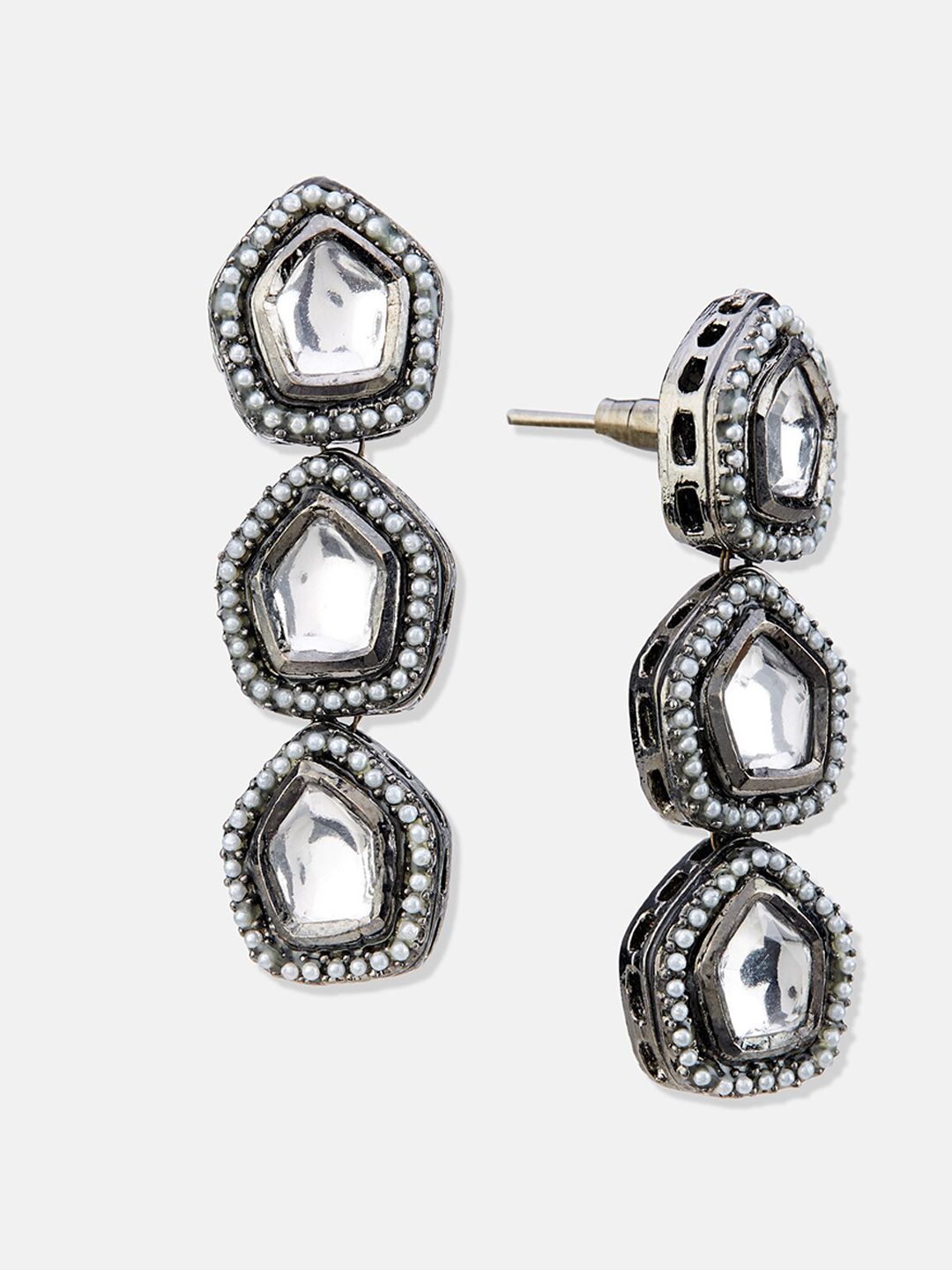 ATIBELLE Set of 2 Silver-Plated Kundan-Studded Brass Contemporary Drop Earrings