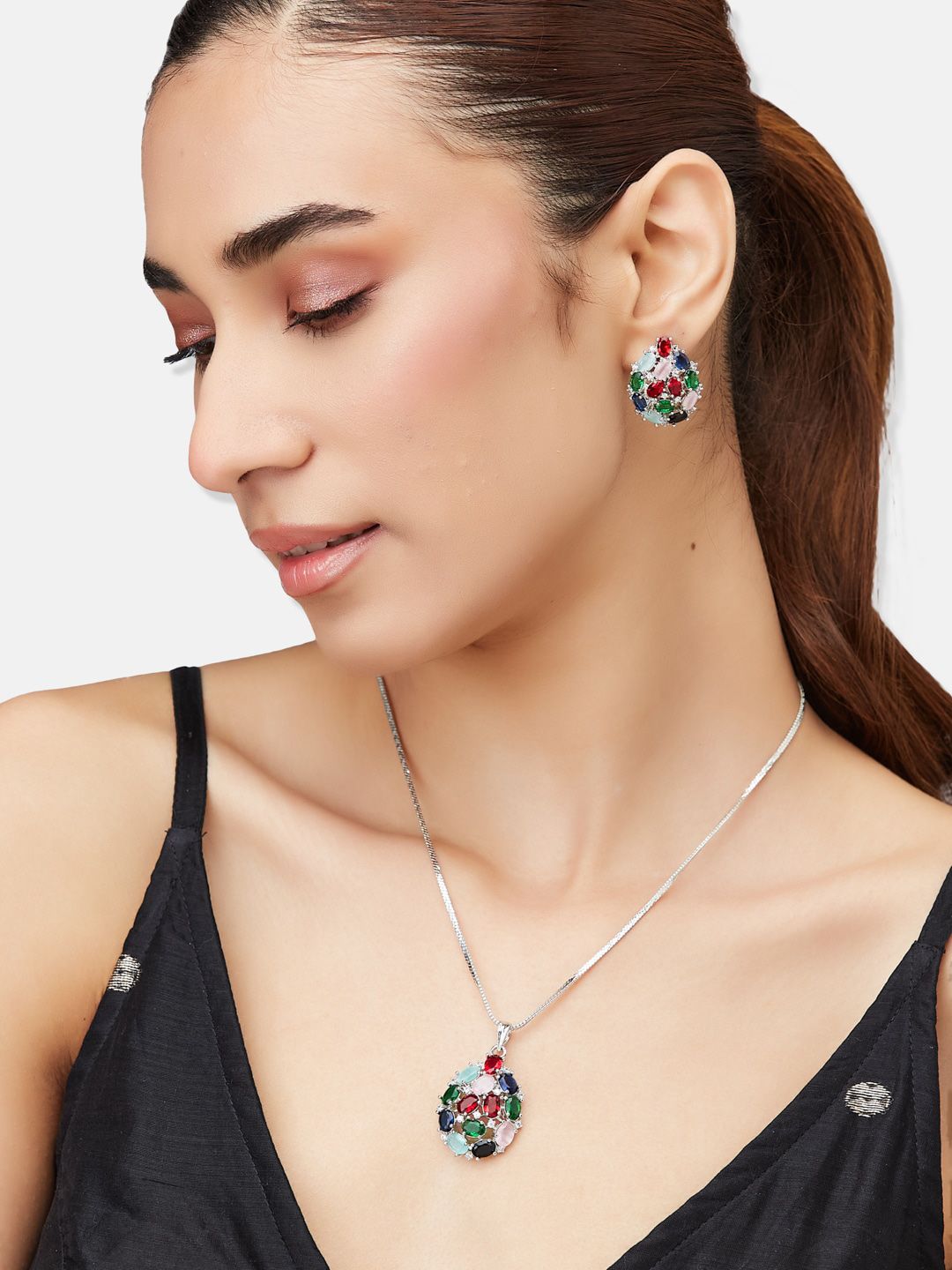 ATIBELLE Silver-Plated CZ & Stones-Studded Jewellery Set