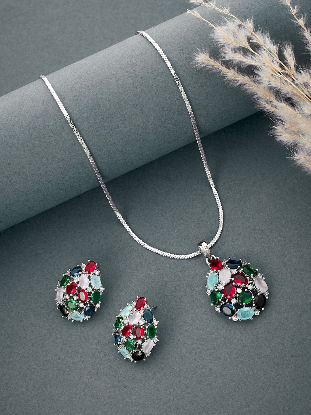 ATIBELLE Silver-Plated CZ & Stones-Studded Jewellery Set