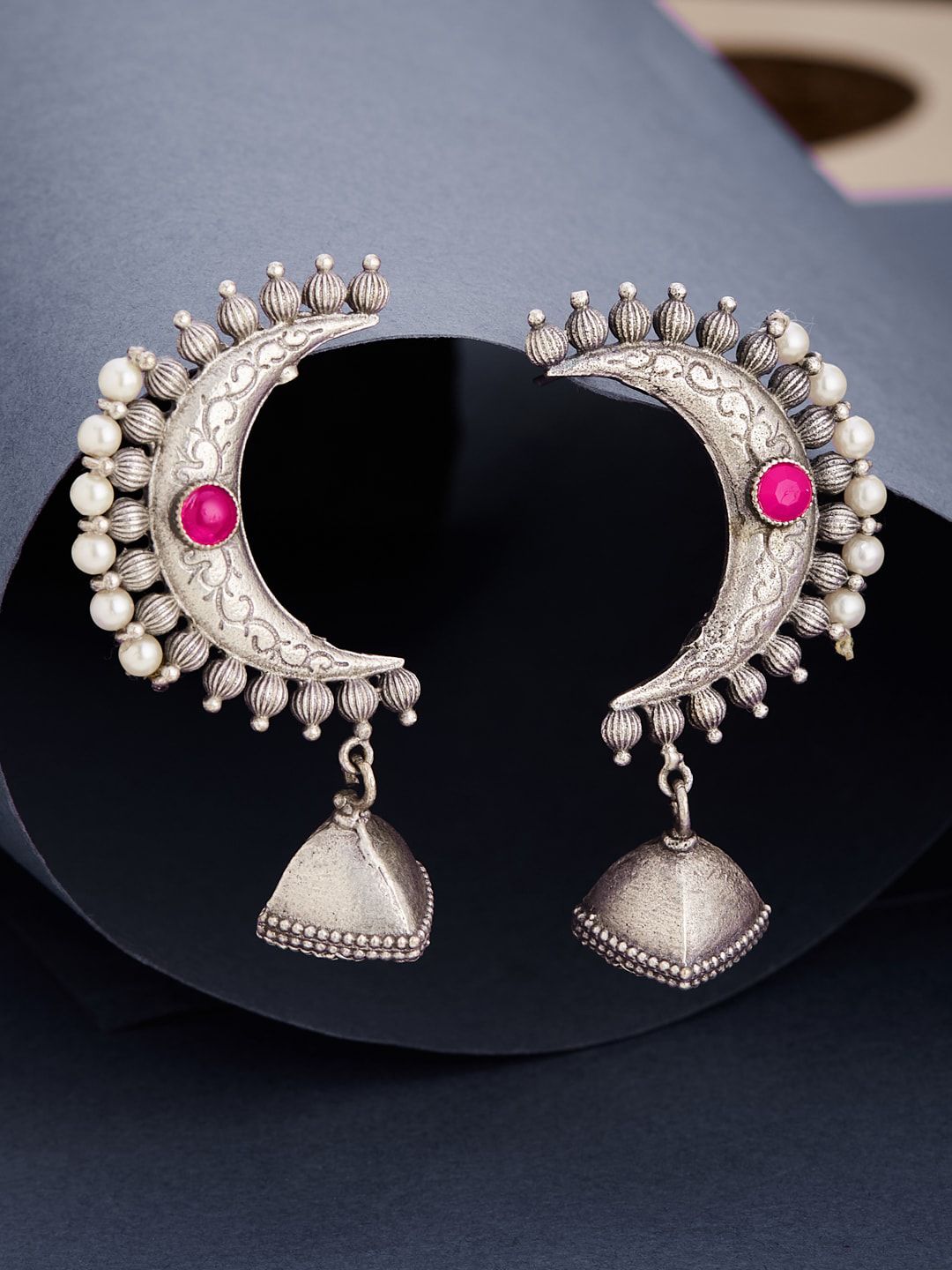 ATIBELLE Silver-Plated Beaded & Stone Studded Classic Jhumkas