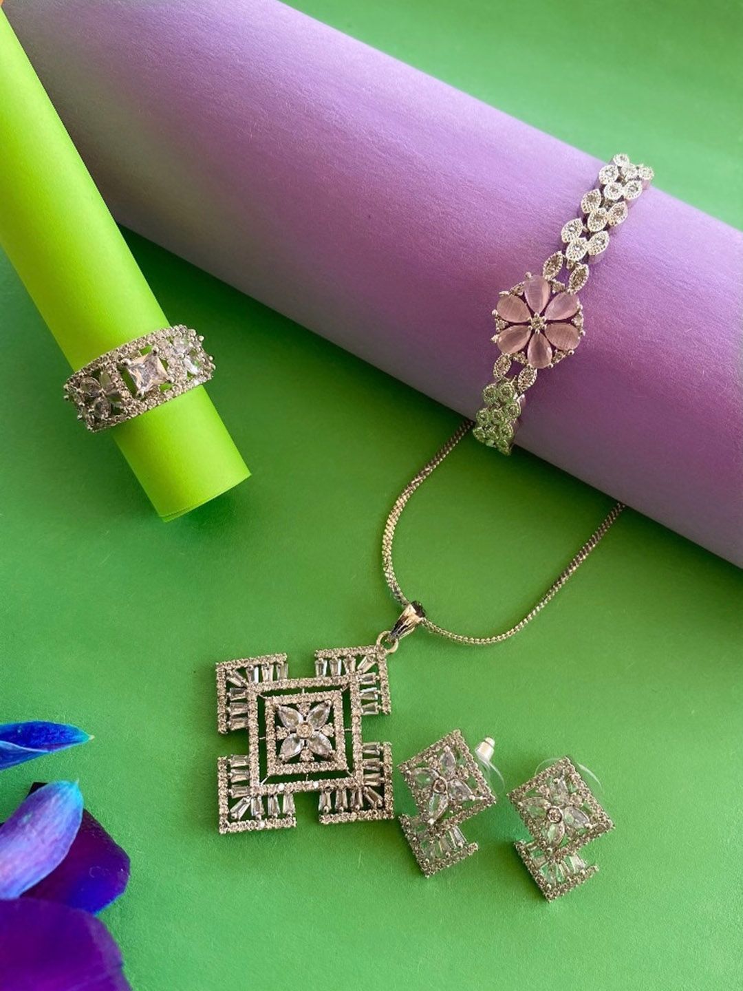ATIBELLE Silver-Plated Cubic Zirconia-Studded Jewellery Set