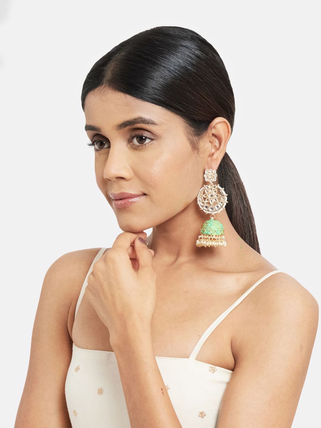 ATIBELLE Set Of 2 Gold-Plated Kundan Contemporary Meenakari Jhumkas