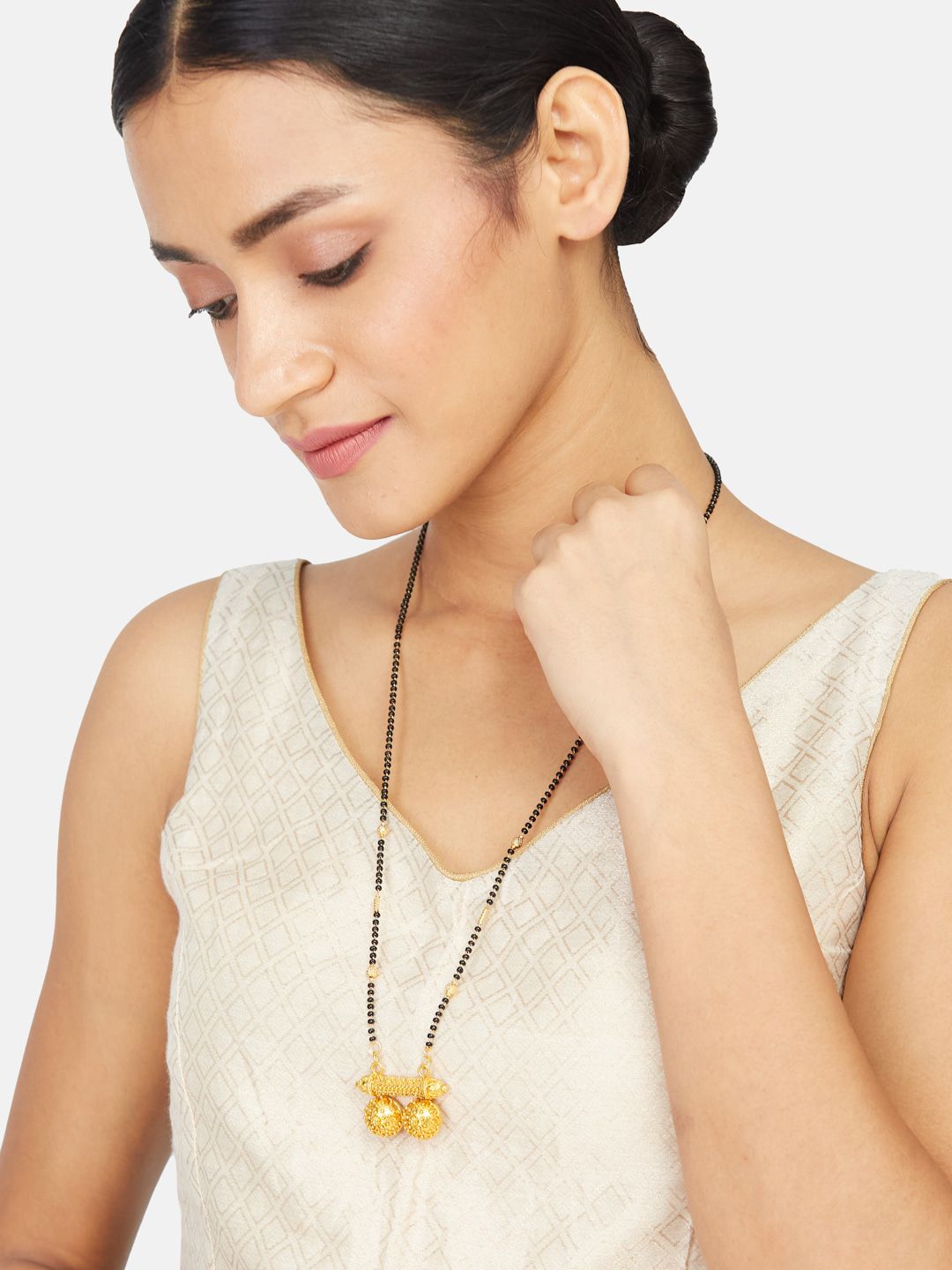 ATIBELLE Gold-Plated Artificial Stones Studded and Beaded Mangalsutra