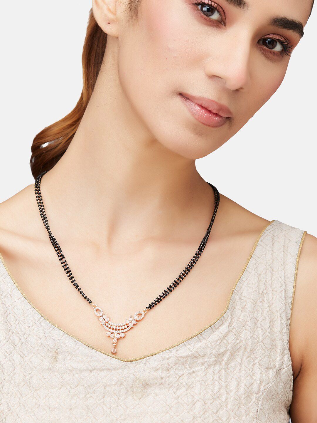 ATIBELLE Rose Gold-Plated Cubic Zirconia Stones Studded and Beads Mangalsutra