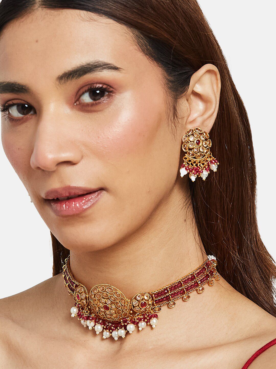 ATIBELLE Copper-Plated Stone-Studded & Beaded Jewellery Set