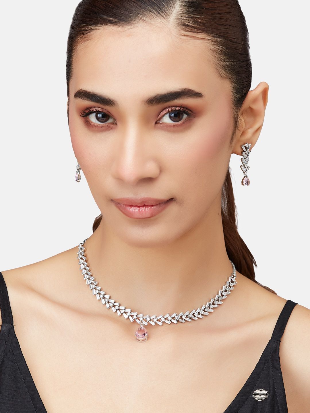 ATIBELLE Silver Plated Cubic Zirconia Studded Leaf Shaped Jewellery Set