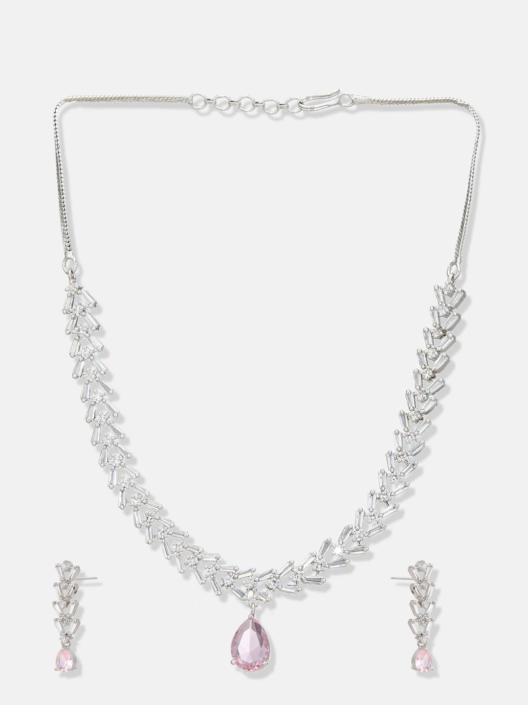 ATIBELLE Silver Plated Cubic Zirconia Studded Leaf Shaped Jewellery Set
