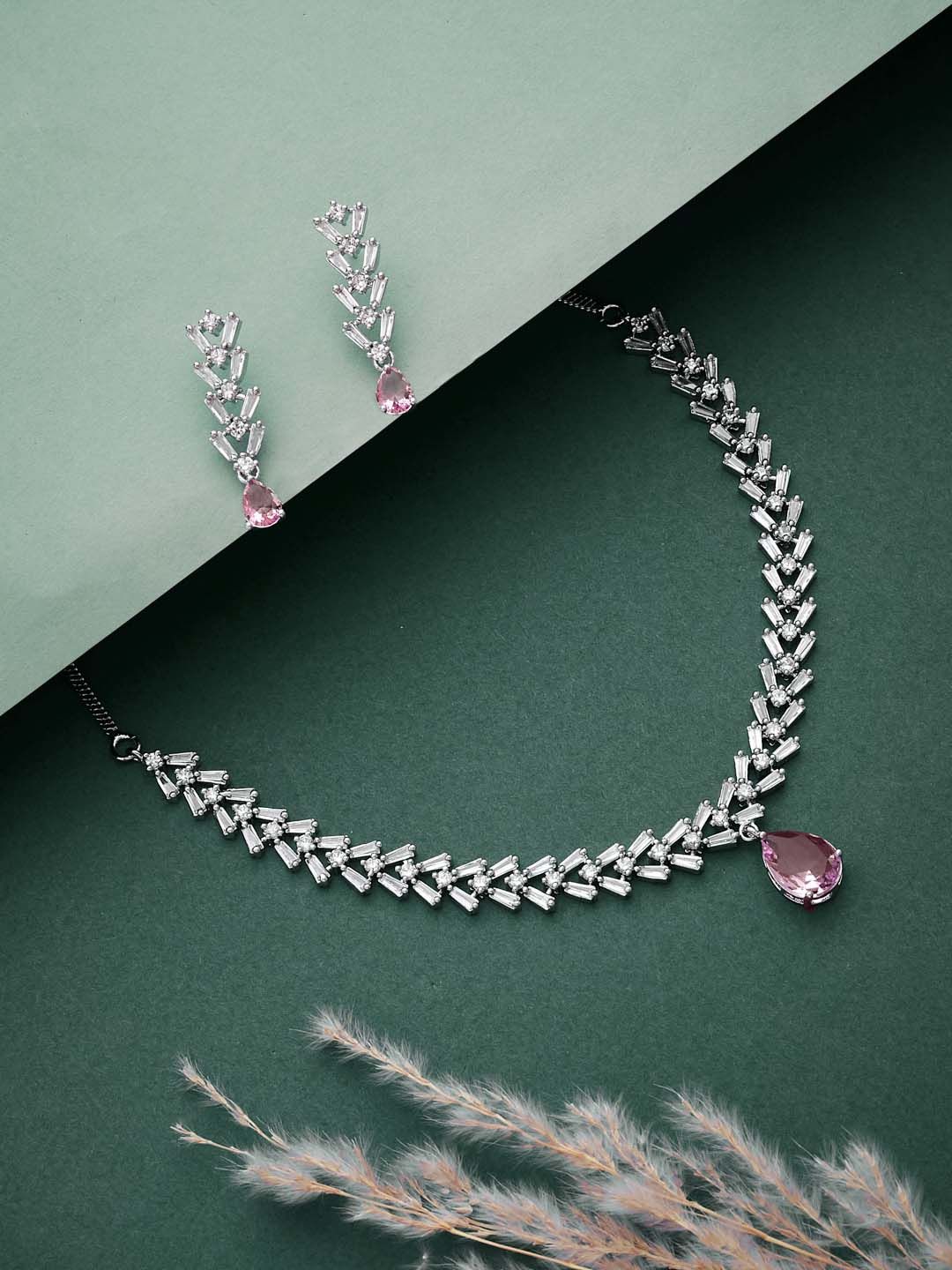 ATIBELLE Silver Plated Cubic Zirconia Studded Leaf Shaped Jewellery Set