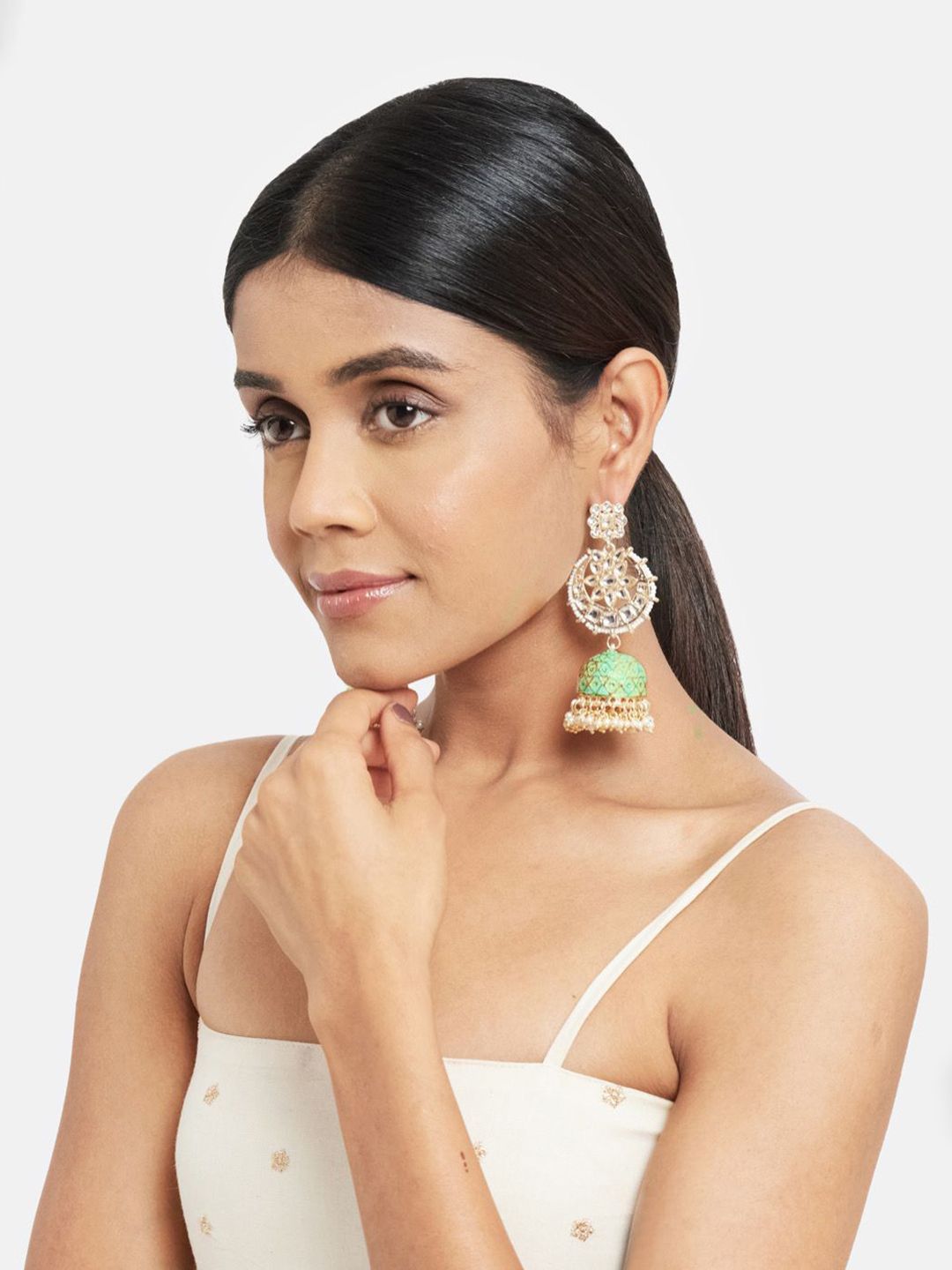 ATIBELLE Set Of 3 Gold-Plated Kundan-Studded Contemporary Chandbalis