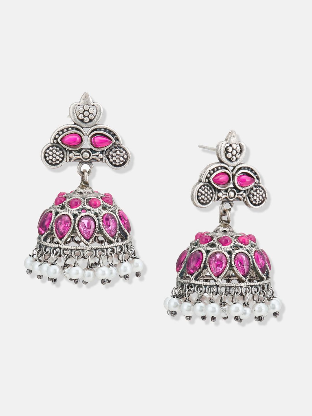 ATIBELLE Silver-Plated Stone-Studded & Beaded Oxidised Contemporary Jhumkas