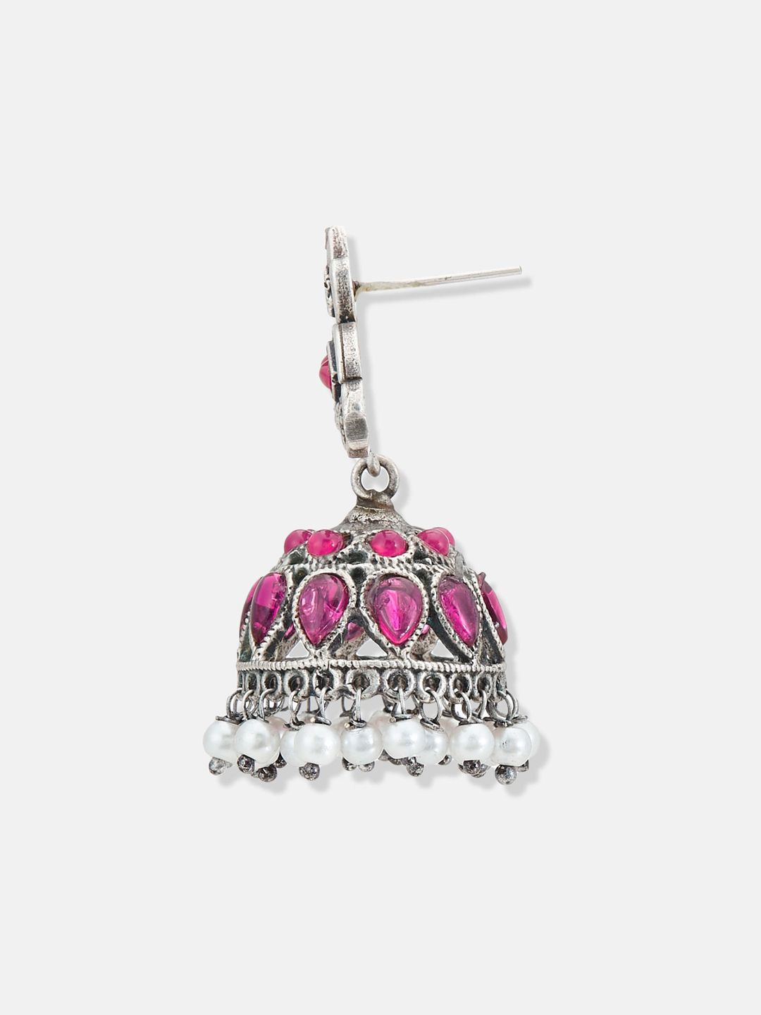 ATIBELLE Silver-Plated Stone-Studded & Beaded Oxidised Contemporary Jhumkas