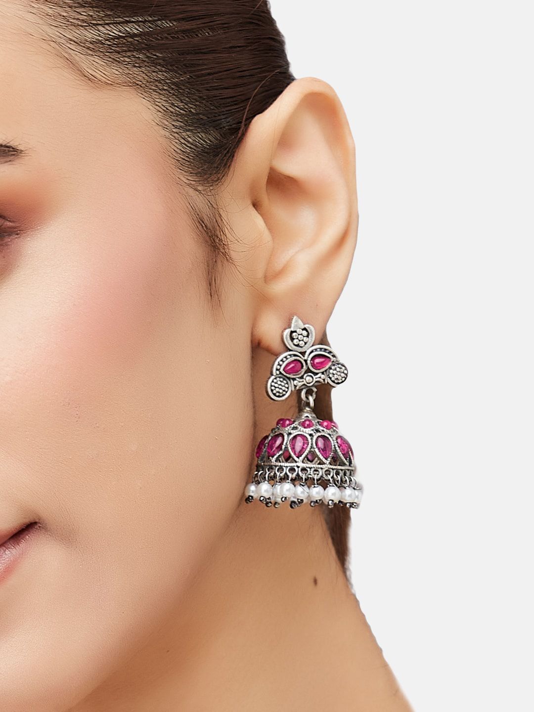 ATIBELLE Silver-Plated Stone-Studded & Beaded Oxidised Contemporary Jhumkas