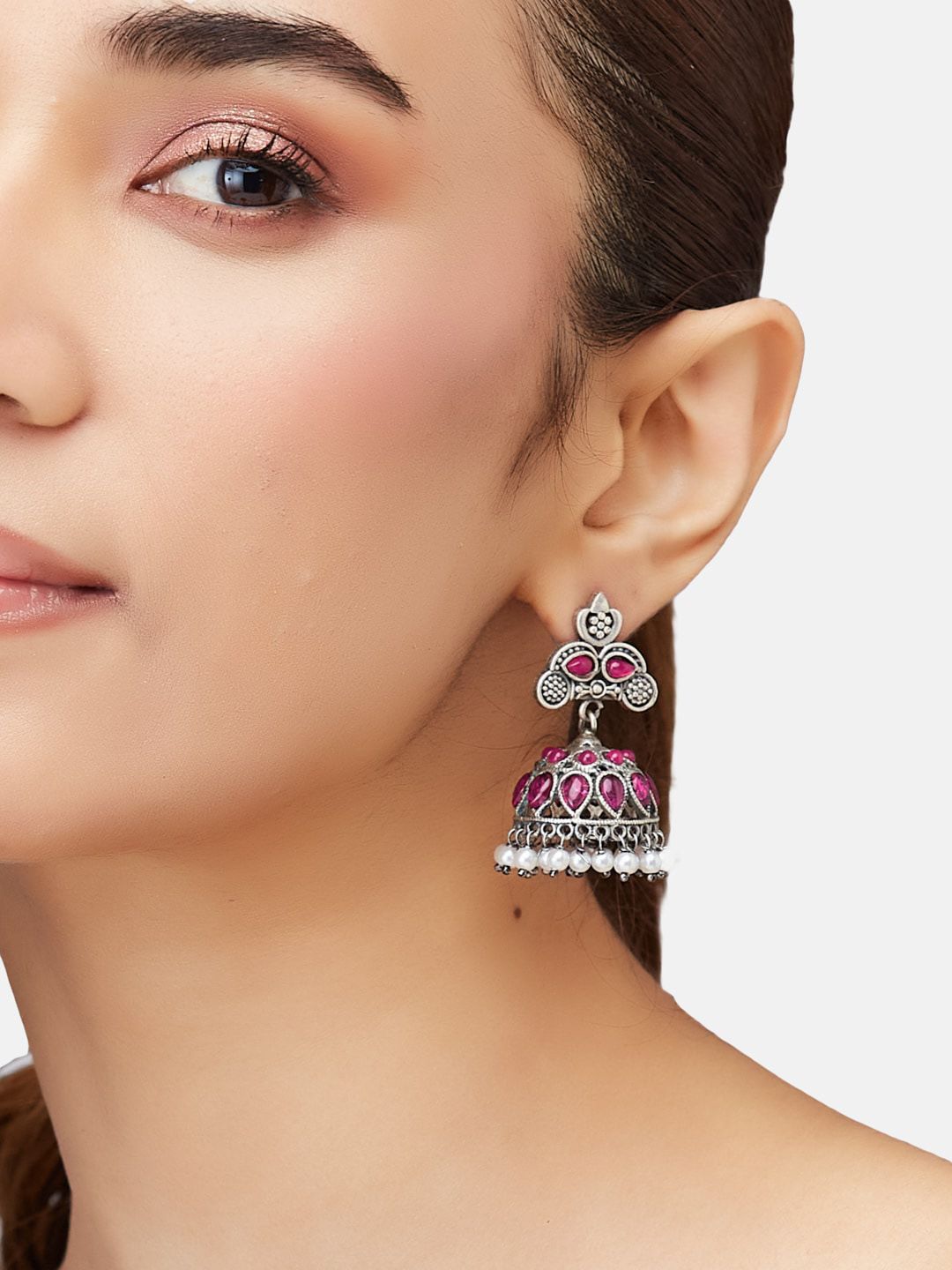 ATIBELLE Silver-Plated Stone-Studded & Beaded Oxidised Contemporary Jhumkas