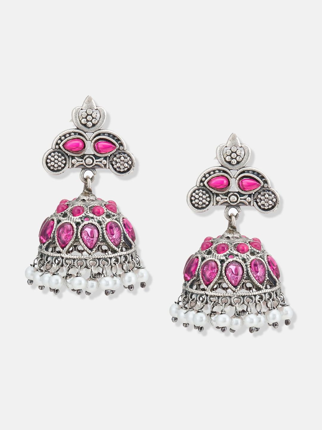 ATIBELLE Silver-Plated Stone-Studded & Beaded Oxidised Contemporary Jhumkas