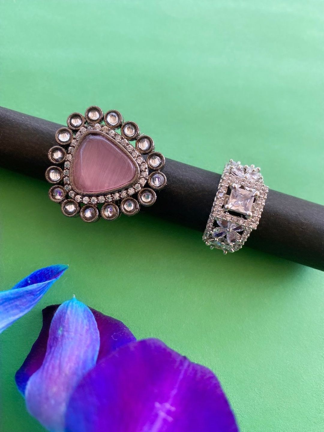 ATIBELLE Set Of 2 Gold-Silver Plated Cubic Zirconia Stone Finger Ring
