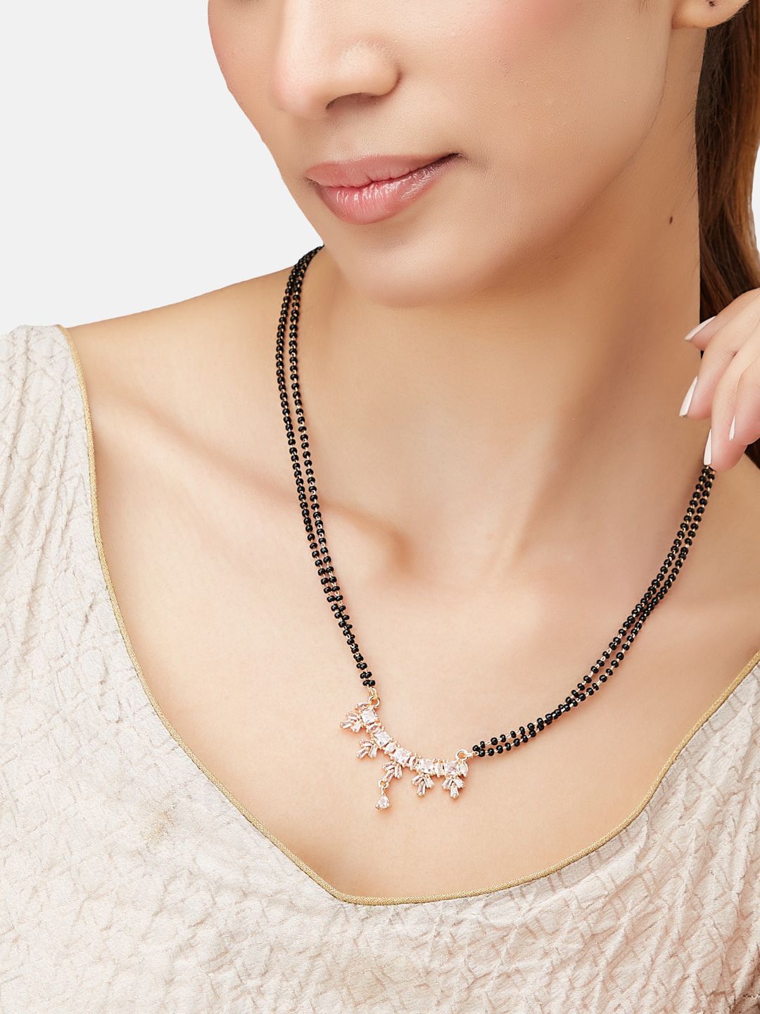 ATIBELLE Rose Gold-Plated Cubic Zirconia Stones Studded and Beads Mangalsutra