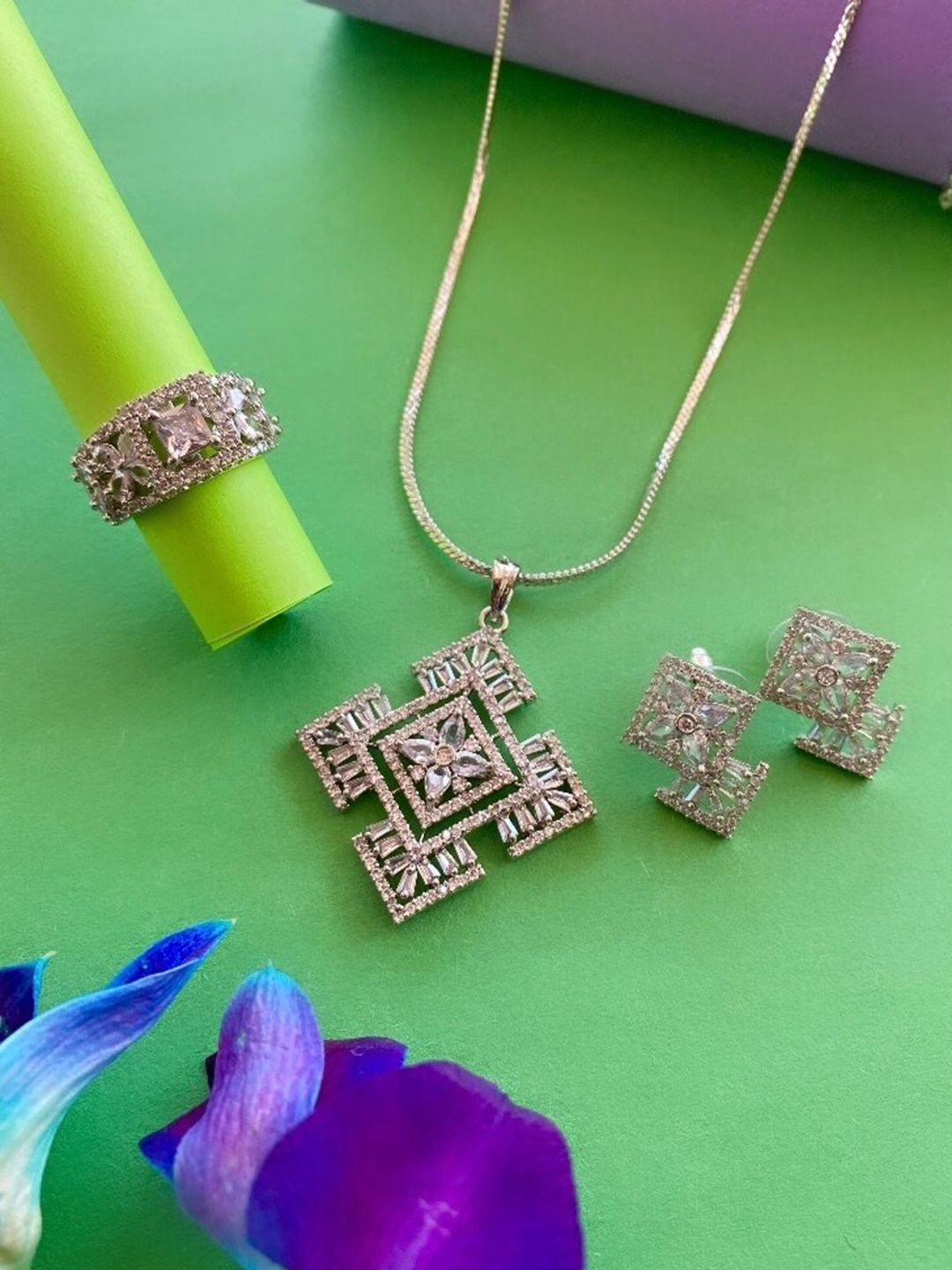 ATIBELLE Silver-Plated Cubic Zirconia Studded Jewellery Set