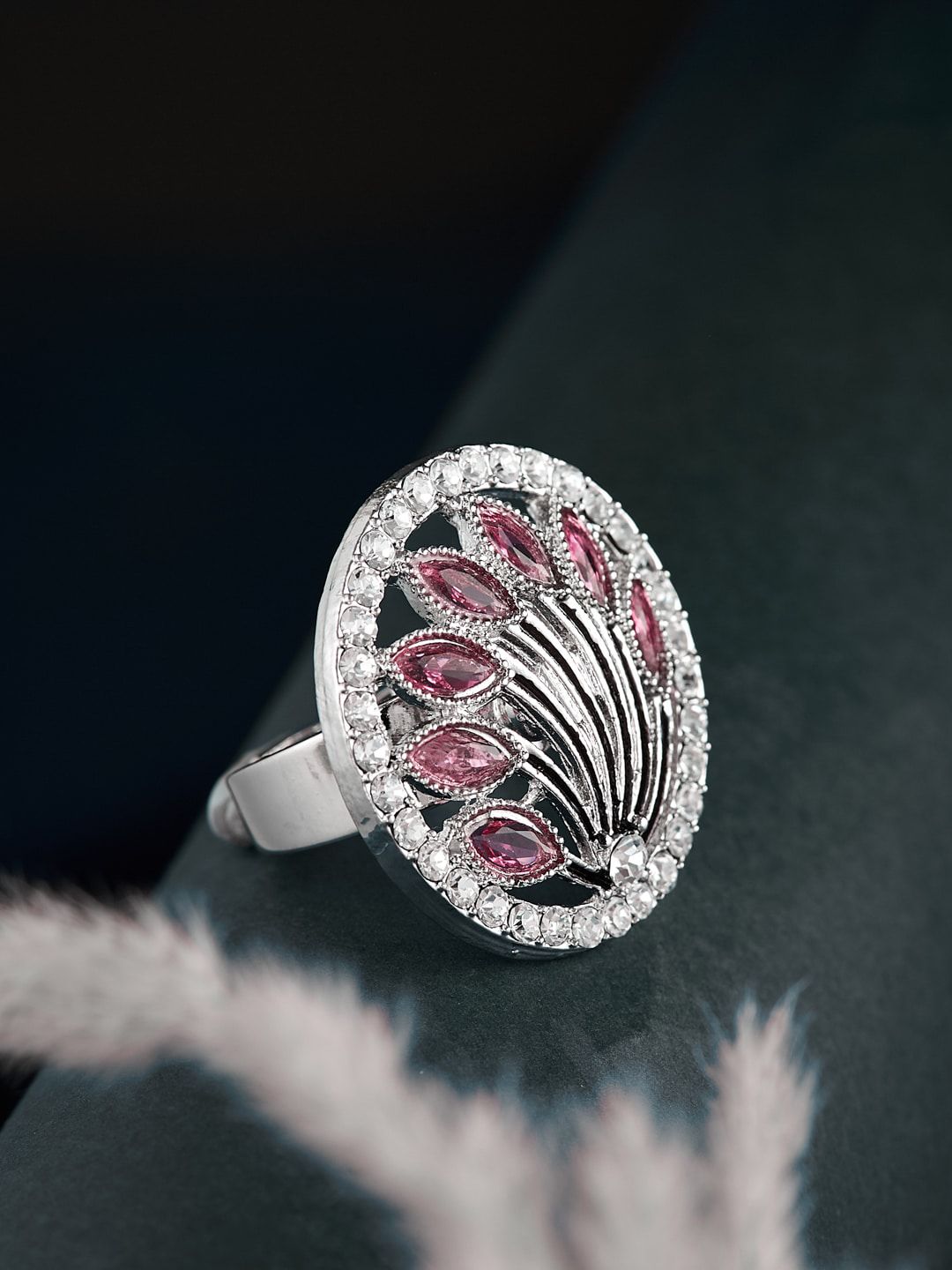 ATIBELLE Silver-Plated Stone Studded Finger Ring