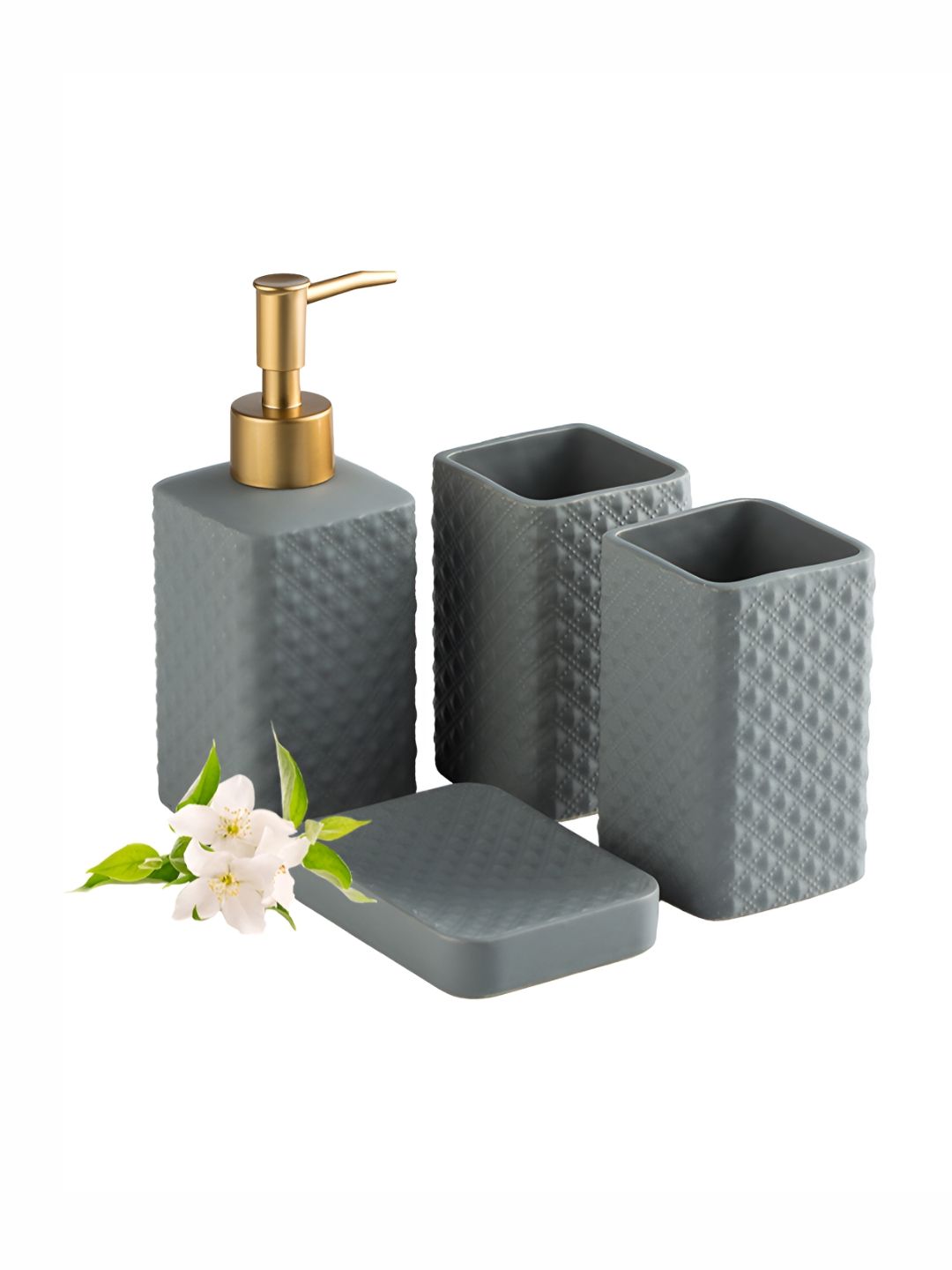 Ekhasa Grey & Gold Toned 4 piece Textured Ceramic Bath Accessories Set-image-36