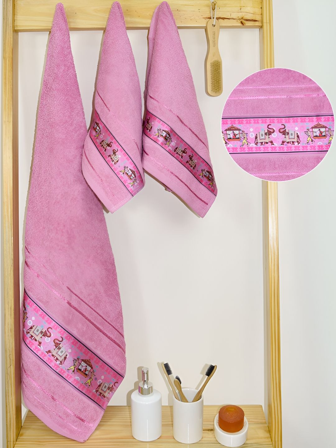 RANGOLI Purple 3 Piece Printed Cotton 450 GSM Towel Set-image-10