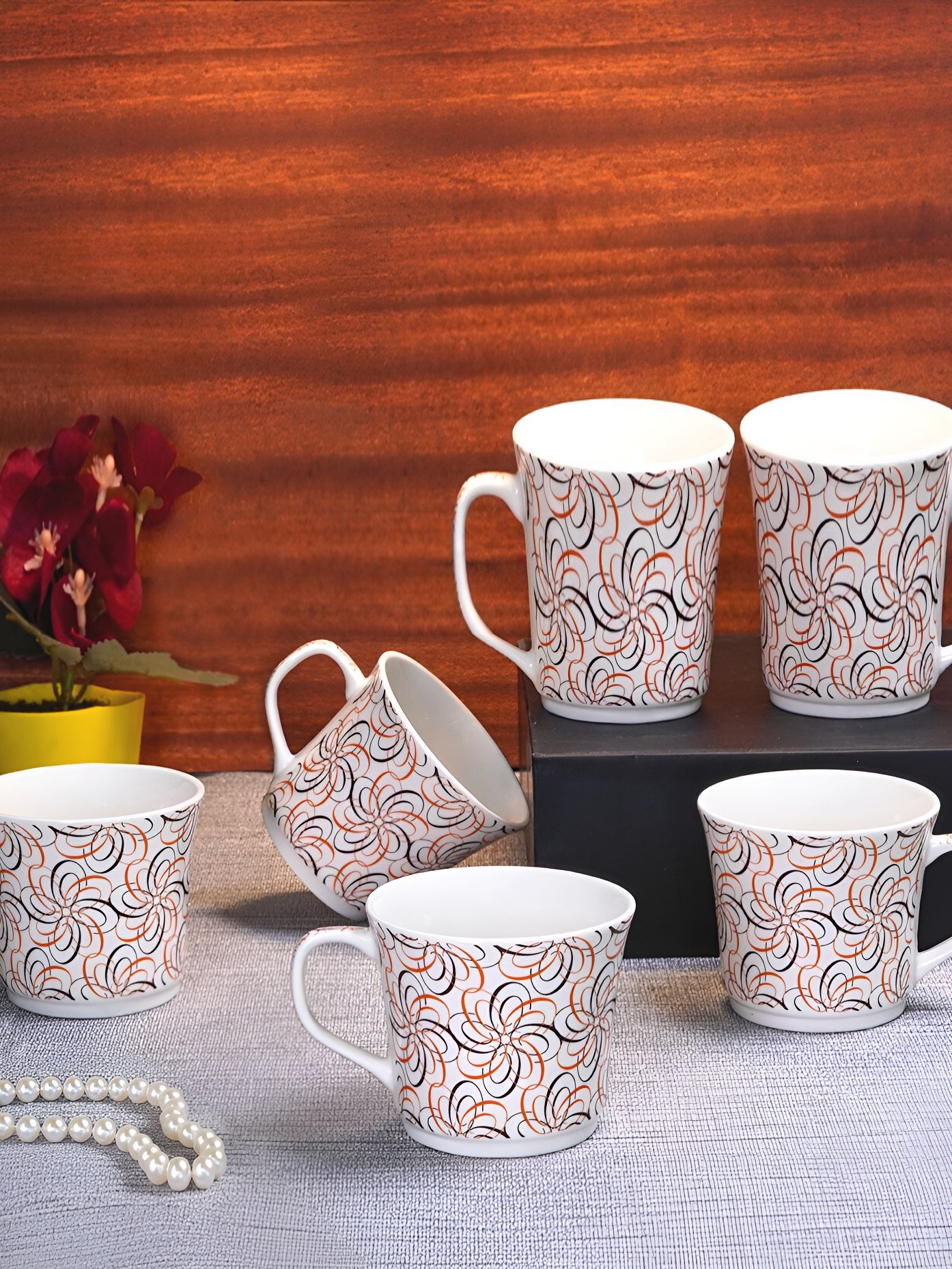 UPC White & Orange 6 Pieces Printed Ceramic Glossy Mugs 190 ml Each