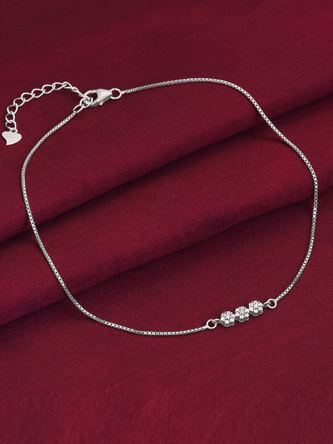 GIVA Rhodium-Plated 925 Sterling Silver Triple Flora Stone Studded Anklet-picture-15
