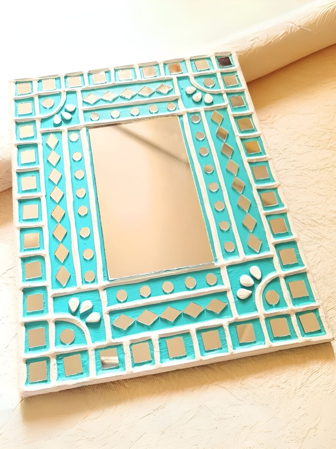 Peepul Tree Turquoise Blue Mud & Mirror Work Wall Mirror-image-42